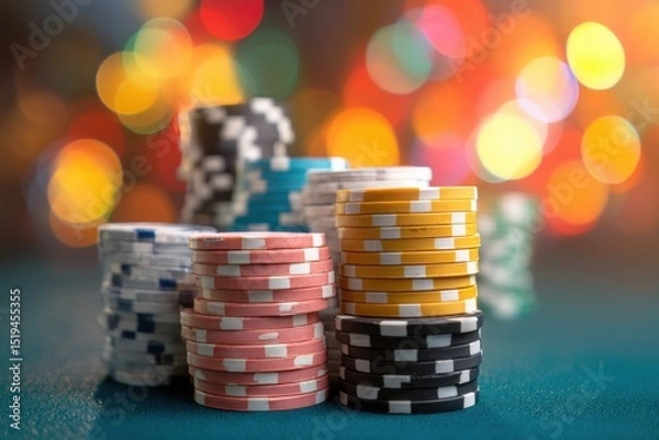 Fototapeta Stacks of poker chips standing on casino table with blurred lights