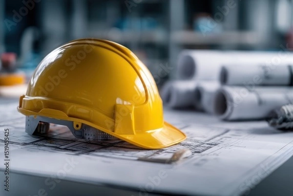 Fototapeta Yellow Hard Hat Resting on Blueprint in Construction Zone or Architectural Office