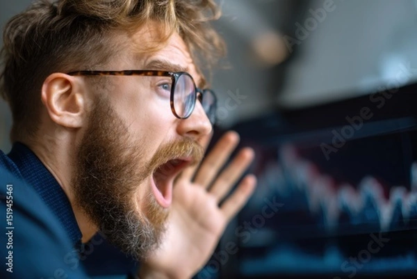 Fototapeta Shocked investor looking at falling stock market chart on computer