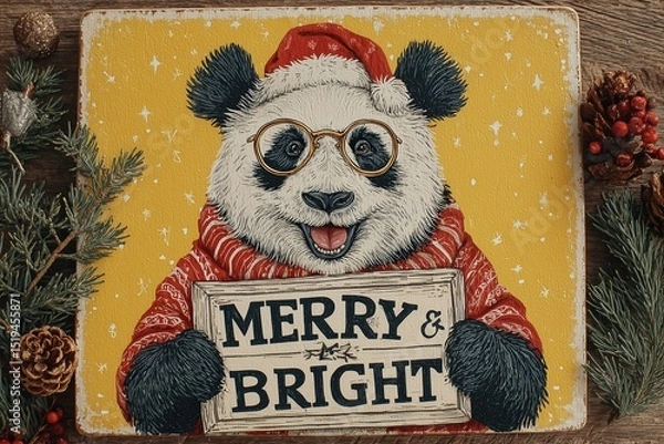 Obraz A festive panda in Santa glasses holding a "Merry & Bright" board on a yellow canvas.