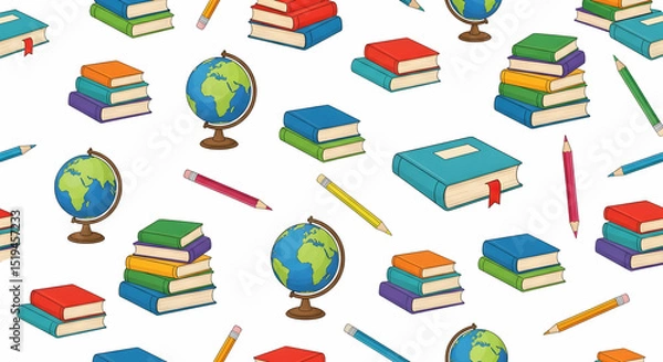 Fototapeta Colorful School Supplies Pattern: Books, Globes, and Pencils on White Background.