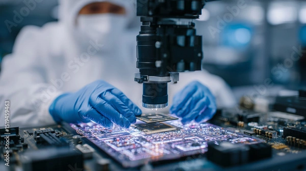 Fototapeta Close-up of a droneâs central processor unit being installed by a gloved aerospace engineer under a microscope-equipped assembly station, emphasizing nano-scale tech details