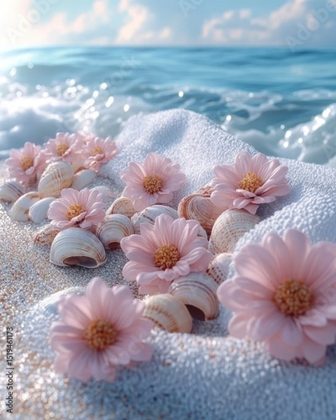 Fototapeta Summer Beach Still Life: Pink Flowers, Seashells, and Ocean Waves beach ocean summer waves seashells