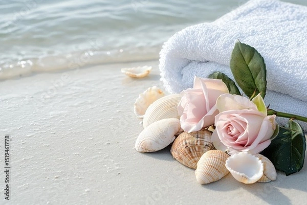 Fototapeta Beach Relaxation with Pink Roses and Seashells beach relaxation pink rose seashell towel ocean sand