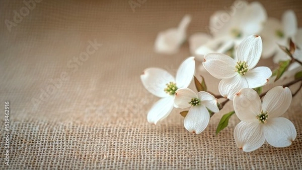 Fototapeta Delicate White Dogwood Flowers on Rustic Burlap Background with Copy Space dogwood white delicate ai