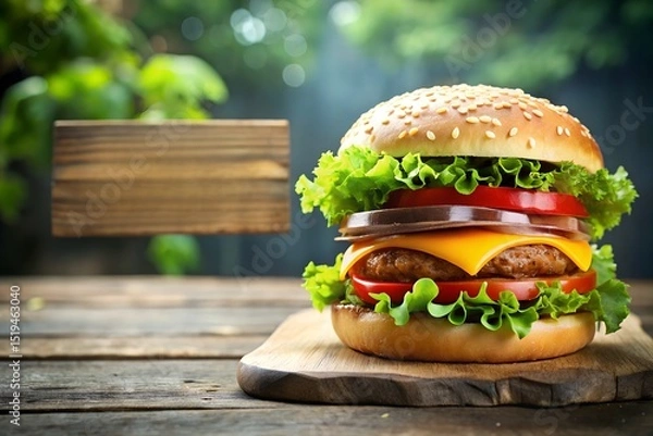 Obraz Juicy hamburger with empty space above perfect for restaurant menu design fast food ad banners or takeaway delivery promotional graphics milkyhexddway Backgrounds news ads