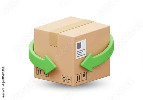 Fototapeta 3D Illustration of Cardboard box with green recycling arrow around it isolated on white background representing sustainable shipping