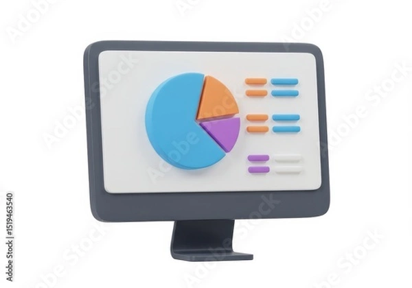 Fototapeta 3D Illustration of Computer monitor displaying a colorful pie chart and data bars isolated on white background in a 3d render
