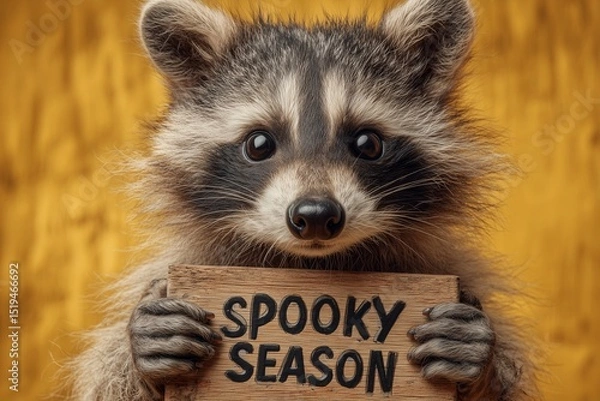 Obraz A quirky raccoon in Halloween mask holding a "Spooky Season" board on a neon yellow canvas.