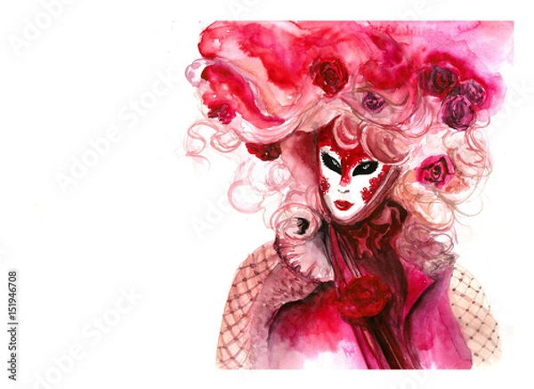 Fototapeta Watercolor venetian pink costume with mask and flowers