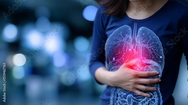 Fototapeta Close-up of womanâs torso, highlighted stomach region emits fiery glow, illustrating intense heartburn; stylized medical backdrop with digestive system overlay in translucent layer