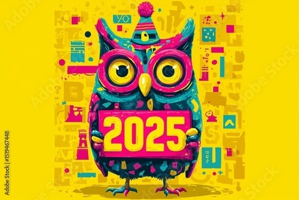 Obraz A funky owl in New Year's Eve hat holding a "2025" countdown board on a neon yellow space.