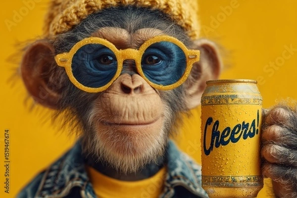 Obraz A playful monkey in New Year's glasses holding a "Cheers!" sign on a bright yellow space.