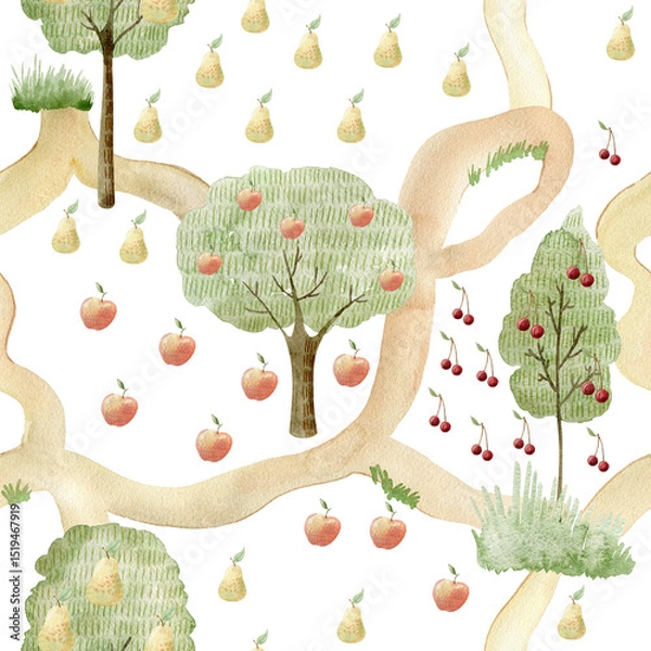 Fototapeta Watercolor seamless pattern with fruits.