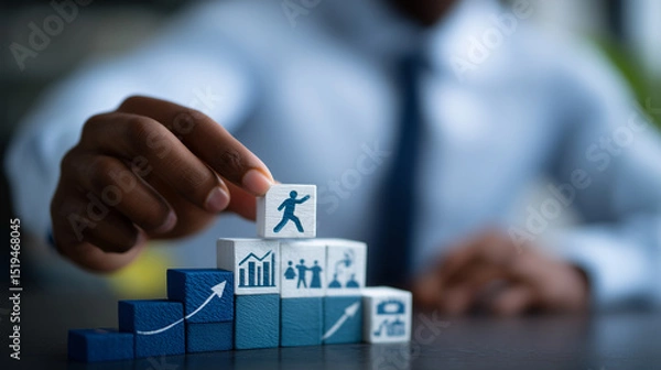 Obraz Human resource manager constructs a career ladder from block pieces, each labeled with career stages, emphasizing employee growth and internal recruitment