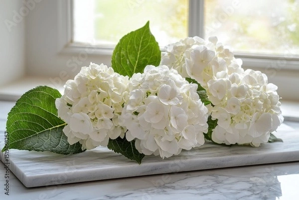 Fototapeta White Hydrangeas on Marble Surface Near Window marble hydrangea white hydrangea white flowers floral