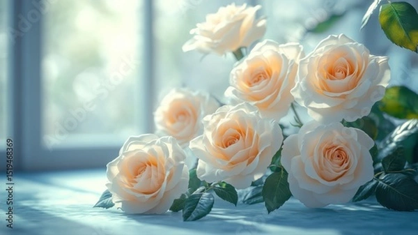 Fototapeta Elegant Cream Roses Bouquet by a Window in Soft Sunlight sunlight bouquet elegant white roses shadow