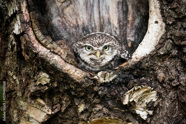 Fototapeta Little owl camouflaged in its woodland setting
