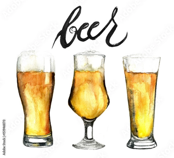 Fototapeta Watercolor beer glasses set isolated on white background