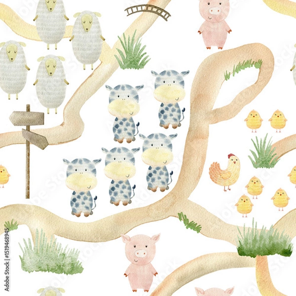 Fototapeta Watercolor pattern with farm animals.