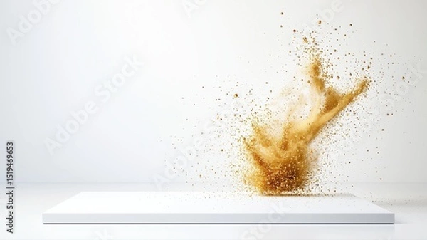 Fototapeta Dynamic Gold Powder Explosion on White Background powder explosion golden dust brown particles clean