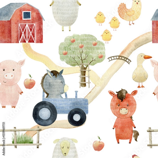 Fototapeta Watercolor pattern with farm animals.