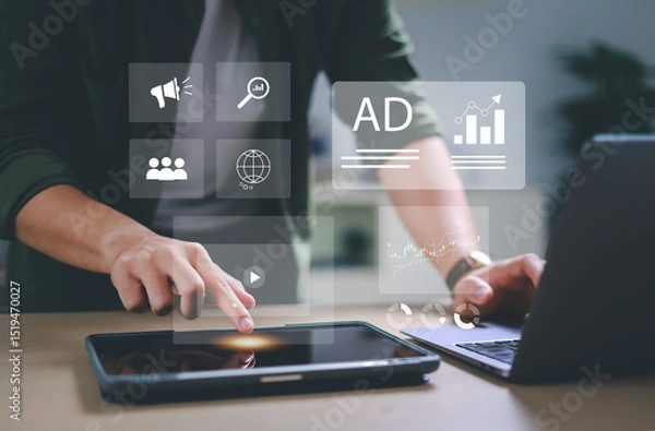 Fototapeta Advertising and digital marketing analytics concepts for ad performance dashboards, providing insights into customer engagement, social media strategy, audience targeting, and ROI measurement.