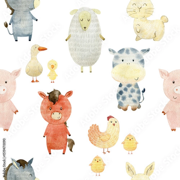 Fototapeta Watercolor pattern with farm animals.