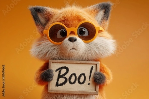 Obraz A cartoonish fox in Halloween sunglasses holding a "Boo!" sign on a glowing yellow background.