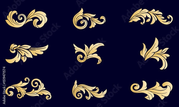 Obraz Set of gold vintage ornament baroque, Luxury art deco border frame. Golden ornate vector elements collection.