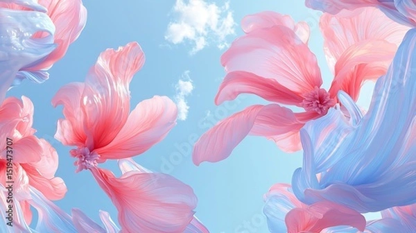 Fototapeta Soft pastel pink and sky blue smears create painterly, abstract floral shapes that suggest petals gently unfolding in a fluid design.