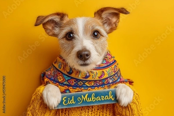 Obraz A cheerful dog in Eid-themed scarf holding a "Eid Mubarak" board on a sunny yellow canvas.