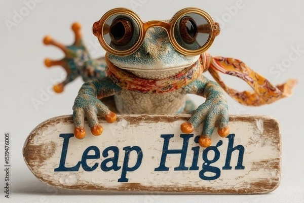 Obraz A whimsical frog in a retro sunglasses holding a board with "Leap High" on a clean white canvas.