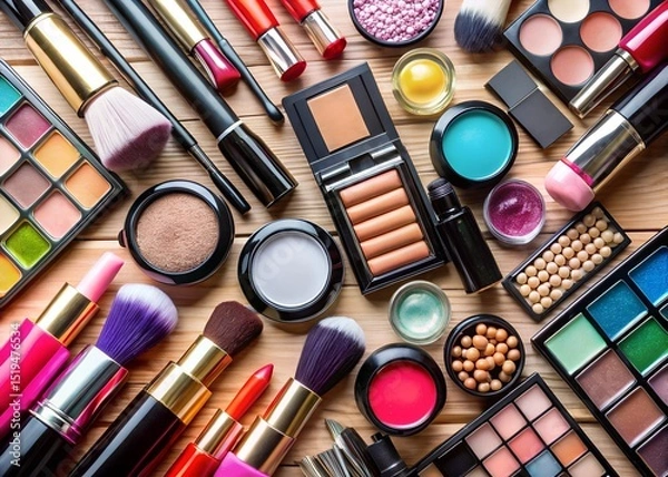 Obraz Elegant makeup setup for luxury cosmetics ad visuals branding campaigns or print-ready product brochure layouts milkyhexddway Backgrounds news ads