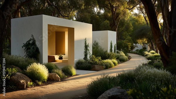 Obraz Modern suburban home with clean lines in golden light, conveying serene contemporary living