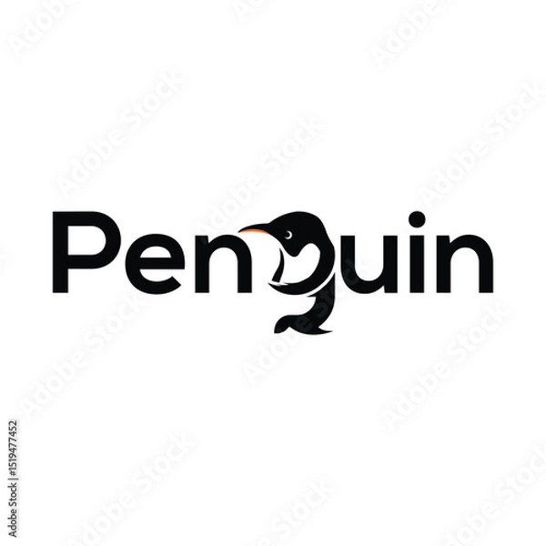 Fototapeta This black and white typographic artwork creatively transforms the word "Penguin" into a unique visual identity, where the letter 'g' morphs into the elegant silhouette of a penguin.