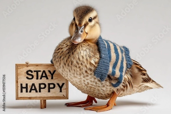 Obraz A playful duck in a striped sweater holding a sign that reads "Stay Happy" on a white background.