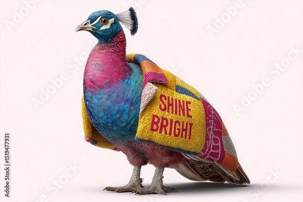 Obraz A funky peacock in a vibrant jacket holding a message saying "Shine Bright" on a white backdrop.
