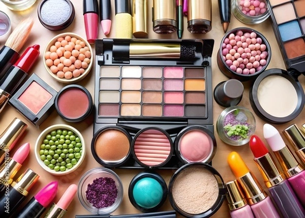 Obraz Professional flat lay of skincare bottles and makeup items ideal for beauty ecommerce websites or email campaign headers milkyhexddway Backgrounds news ads