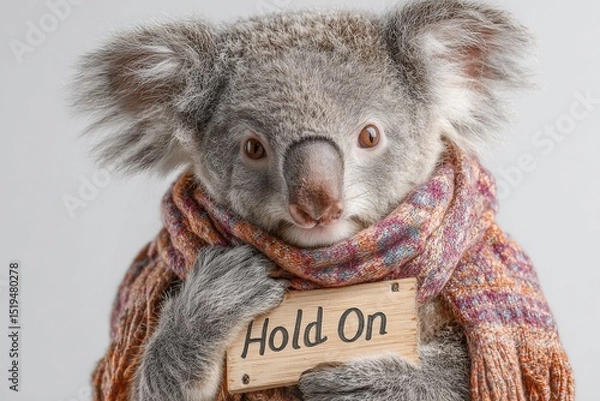 Obraz A stylish koala in a patterned scarf holding a sign reading "Hold On" on a white background.