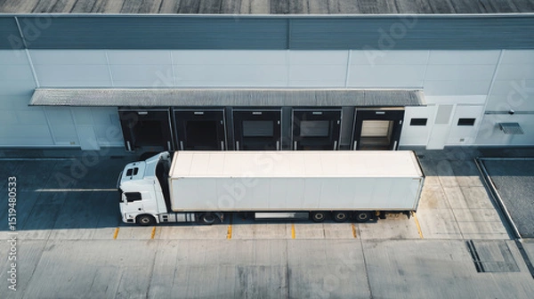 Obraz Truck with white trailer being loaded at modern warehouse's loading dock captured from above
