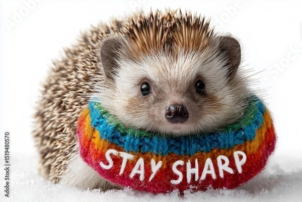 Obraz A quirky hedgehog in a colorful scarf holding a message saying "Stay Sharp" on a white background.