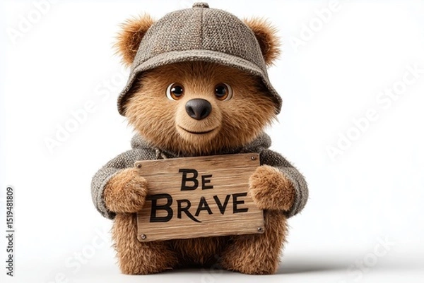 Obraz A cheerful bear in a stylish cap holding a board with "Be Brave" on a clean white background.