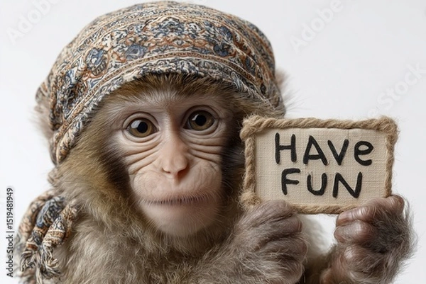 Obraz A funky monkey in a patterned bandana holding a sign that says "Have Fun" on a bright white canvas.