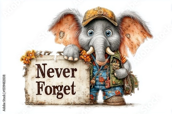 Obraz A cartoonish elephant in a funky vest holding a sign that reads "Never Forget" on a clean white space.