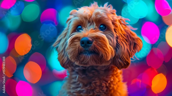 Fototapeta Adorable dog with colorful bokeh lights in the background. A festive and artistic portrait capturing pet personality in vibrant surroundings.