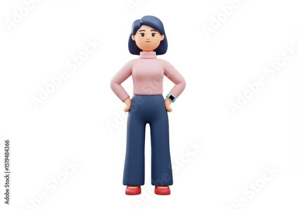 Fototapeta 3D Illustration of 3d render of a cartoon woman character in pink top and blue pants isolated on white background