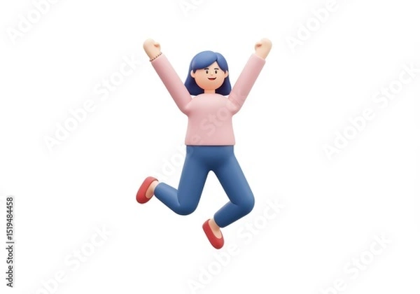 Fototapeta 3D Illustration of 3d render of a cheerful woman jumping with joy and celebrating success isolated on white background