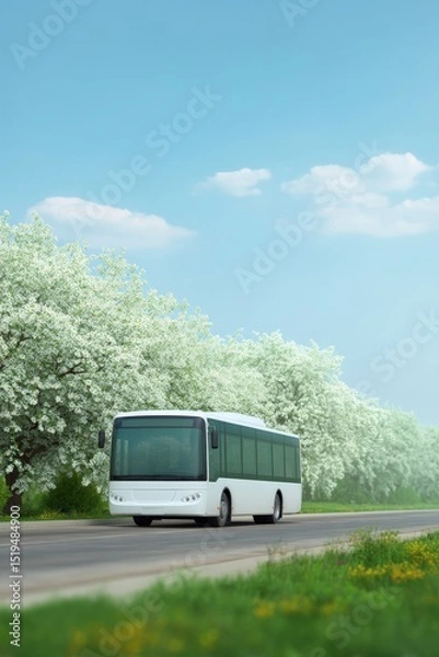 Obraz Bus passing blooming spring trees, Electric school bus