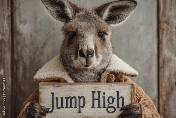Obraz A stylish kangaroo in a retro jacket holding a board with "Jump High" on a white backdrop.